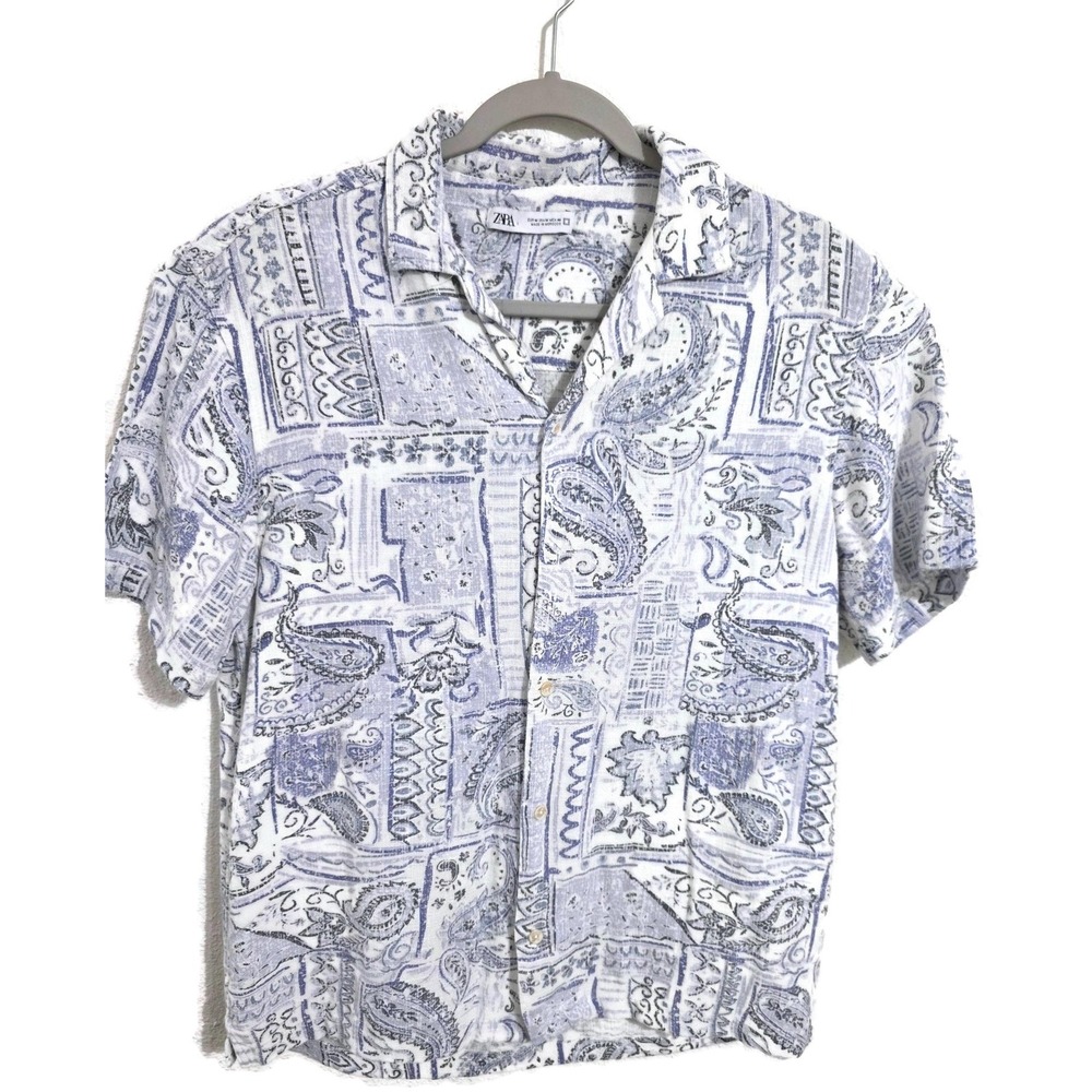 Zara Shirt Mens‎ Medium Blue Paisley Short Sleeve Button Linen Viscose Casual